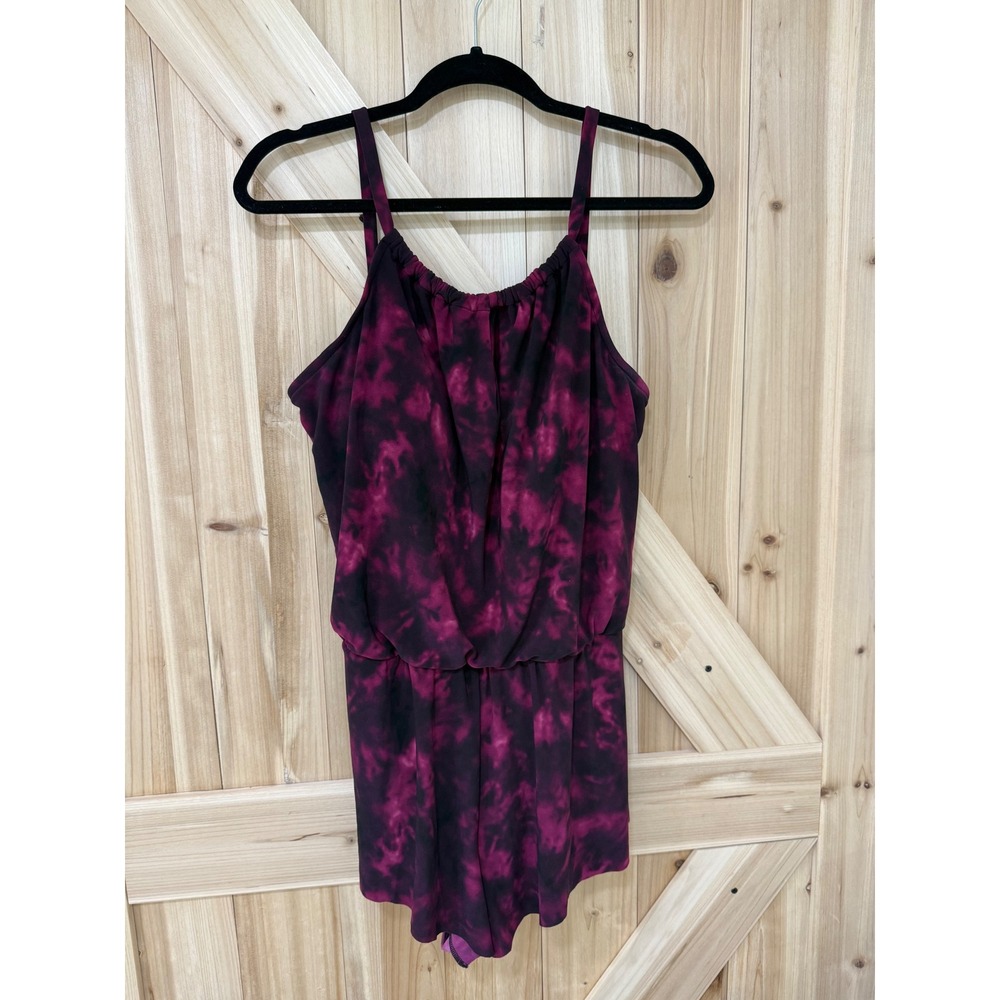Aqua Green Purple Tie Dye Blouson Swim Romper One Piece Swimsuit Large